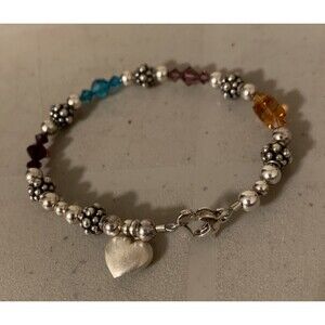 Vintage Sterling Silver Faceted Glass Beaded Heart Charm Bracelet 7.5”